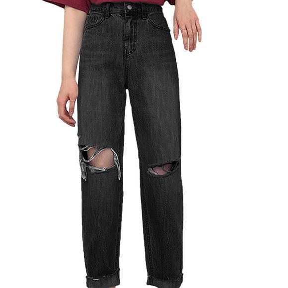 High Waist Ripped Boyfriend Jeans - Picture 1 of 7